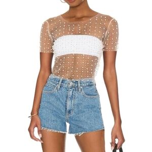 Faded Rose pearl rhinestone embellished sheer short sleeve blouse